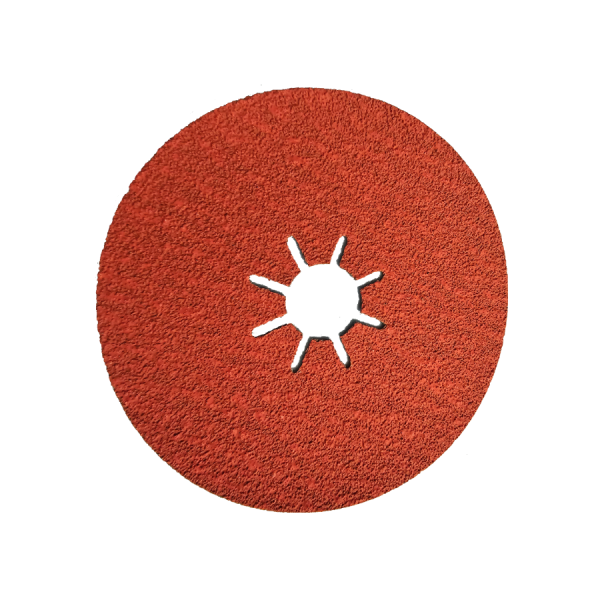 Red ceramic fiber disc with a central star-shaped hole, designed for abrasive grinding and sanding applications.