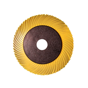 A circular radial bristle disc featuring a striking black and yellow design.