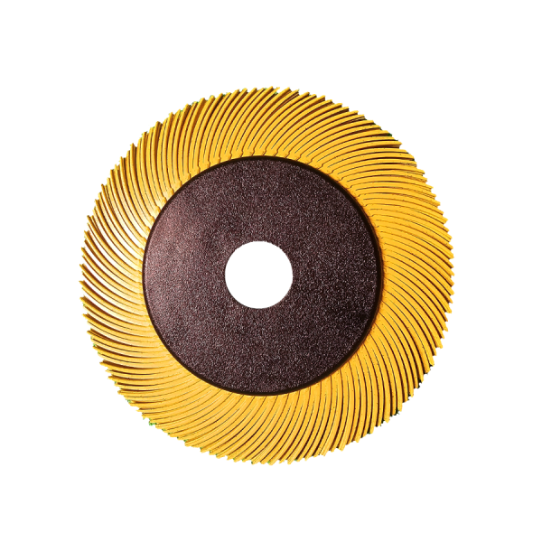 A circular radial bristle disc featuring a striking black and yellow design.