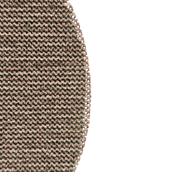 A round knitted rug featuring a brown and white pattern of mesh sanding disc .